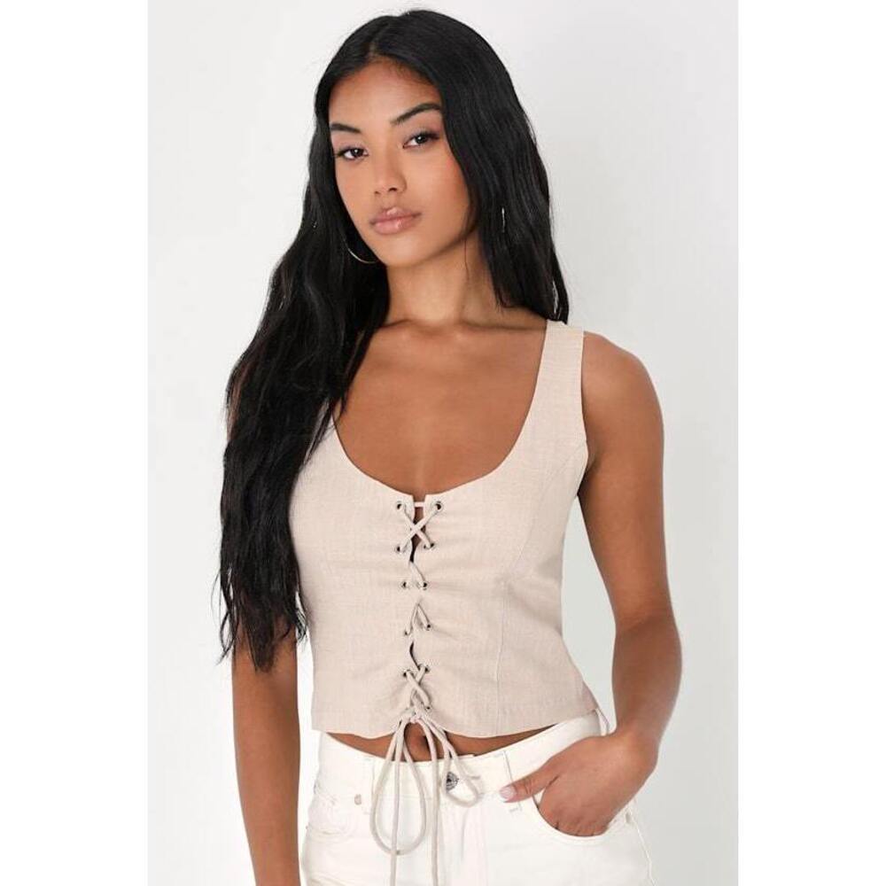 Lulus Trendy Treasure Taupe Lace-up Cropped Corset Tank Top - Size S